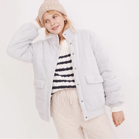 Madewell pale blue snap front puffer sweatshirt Size NC717 Medium - Picture 2 of 5